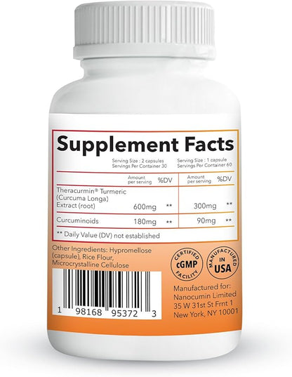 Theracurmin Turmeric Curcumin Supplement, 60 Count, High Absorption Turmeric & Curcumin -Joint Support Supplement - 42.6X More Bioavailablity