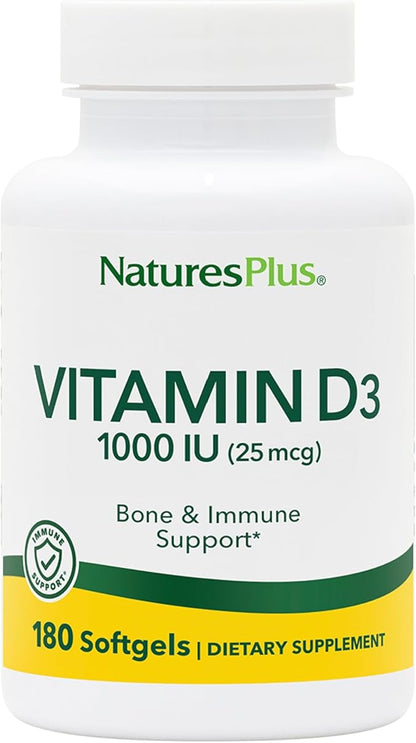 Natures Plus Vitamin D3 (Cholecalciferol) - 1000 iu, 180 Softgels - Nutritional Support for Healthy Bones & Immune System Support - Bioavailable Active Form - Gluten-Free - 180 Servings