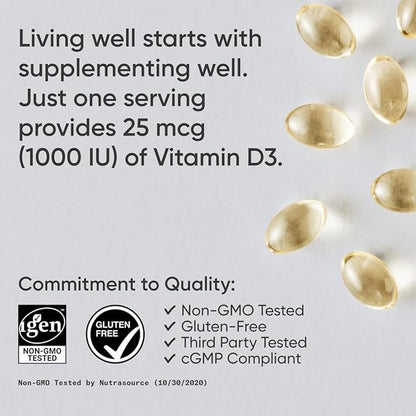 Sports Research Vitamin D3 1000iu (25mcg) Infused with Coconut Oil ~ Immune & Bone Support ~ Non-GMO Verified, Soy & Gluten Free (360 Mini Liquid Softgels)