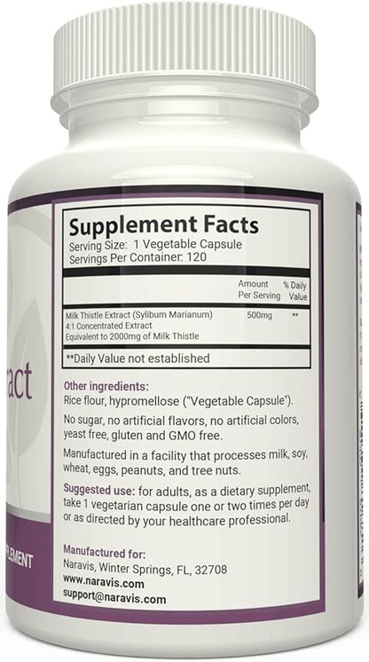 Milk Thistle Extract - 4:1 Extract - 2000mg - 120 Capsules - Supports Liver Health - Non GMO