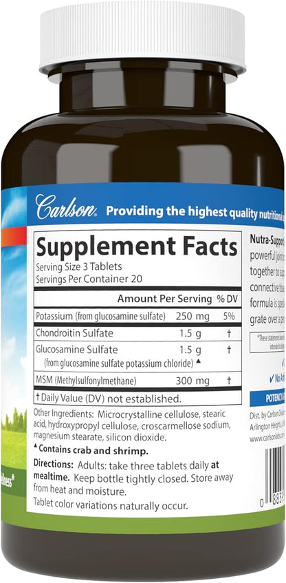 Carlson - Nutra-Support Joint, Glucosamine Chondroitin & MSM, Joint Function, Cartilage Support & Optimal Wellness, 60 tablets