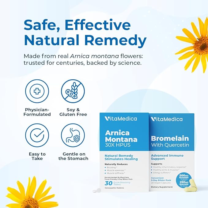 VitaMedica Arnica and Bromelain Blister Packs Bundle | for Post Surgery and Muscle Recovery | Bruise Relief | Plant Based Natural Formulas | 2 Product Bundle for Healing Support | 5 Day Supply