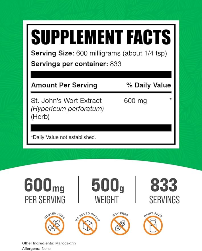 BulkSupplements.com St. John's Wort Extract - St. Johns Wort Supplement, Herbal Supplement for Mood - Vegan & Gluten Free, 600mg per Serving, 500g (1.1 lbs) (Pack of 1)
