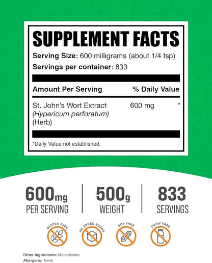 BulkSupplements.com St. John's Wort Extract - St. Johns Wort Supplement, Herbal Supplement for Mood - Vegan & Gluten Free, 600mg per Serving, 500g (1.1 lbs) (Pack of 1)