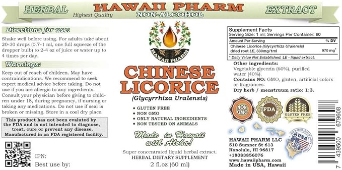 Hawaii Pharm Chinese Licorice Alcohol-Free Liquid Extract, Chinese Licorice (Glycyrrhiza Uralensis) Root Glycerite Natural Herbal Supplement 2 oz