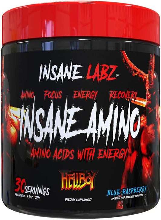 Insane Labz Insane Amino Hellboy Edition, BCAA with Energy Focus Muscle Recovery, Intra Workout Powder, 2 1 1 Branched Chain Amino Acid Powder, 30 Srvgs, Blue Raspberry