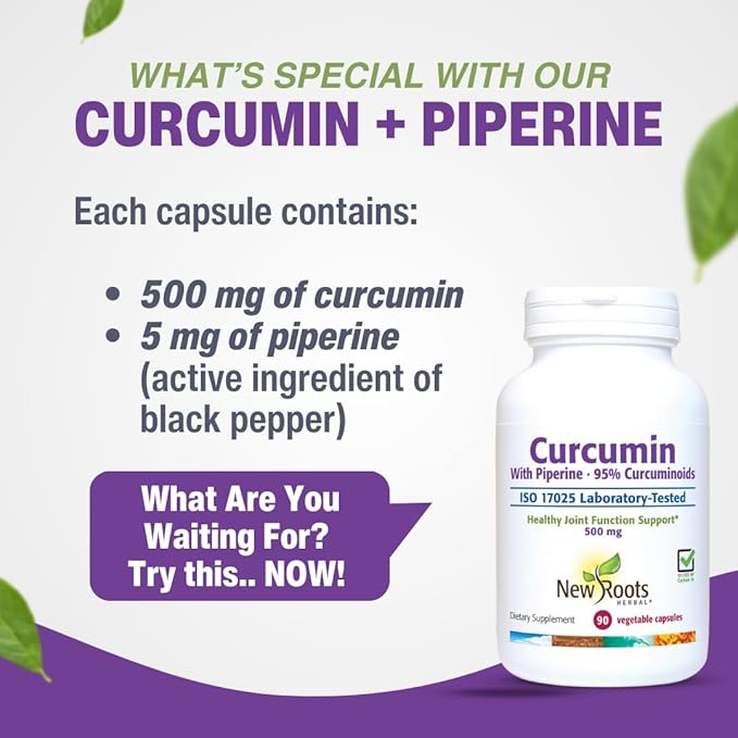 New Roots | Turmeric Curcumin with Black Pepper Supplement is 20x Better Absorption | 95% Curcuminoids + 95% Piperine (90 Veg Capsules, Each 500mg)