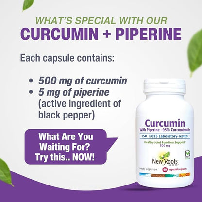 New Roots | Turmeric Curcumin with Black Pepper Supplement is 20x Better Absorption | 95% Curcuminoids + 95% Piperine (90 Veg Capsules, Each 500mg)