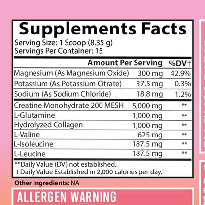 Women's Creatine Monohydrate Powder Glute Builder, 5g Vegan Creatina w. Collagen, Glutamine, BCAAs & Hydration Blend for Recovery, Energy, Pump, Muscle Support, Drink Mix, Unflavored (125g, 1-Pack)