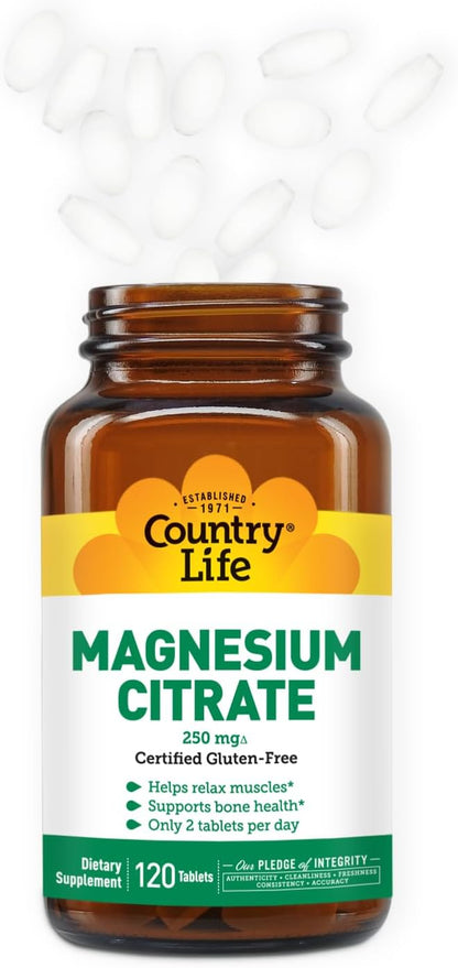 Country Life Magnesium Citrate 250mg - 120 Tablets - Supports Muscle & Nerve Function, Heart Rhythm, Healthy Immune System, Energy Production - Magnesium Complex Supplement