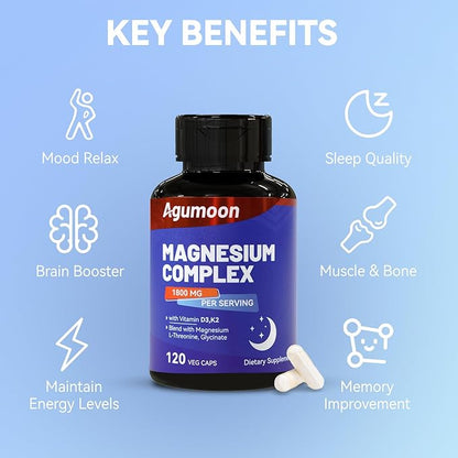 Magnesium Supplement with Vitamin D3 K2- Chelated Magnesium Complex 1800mg - Magnesium L-Threonine & Glycinate -120 Capsules