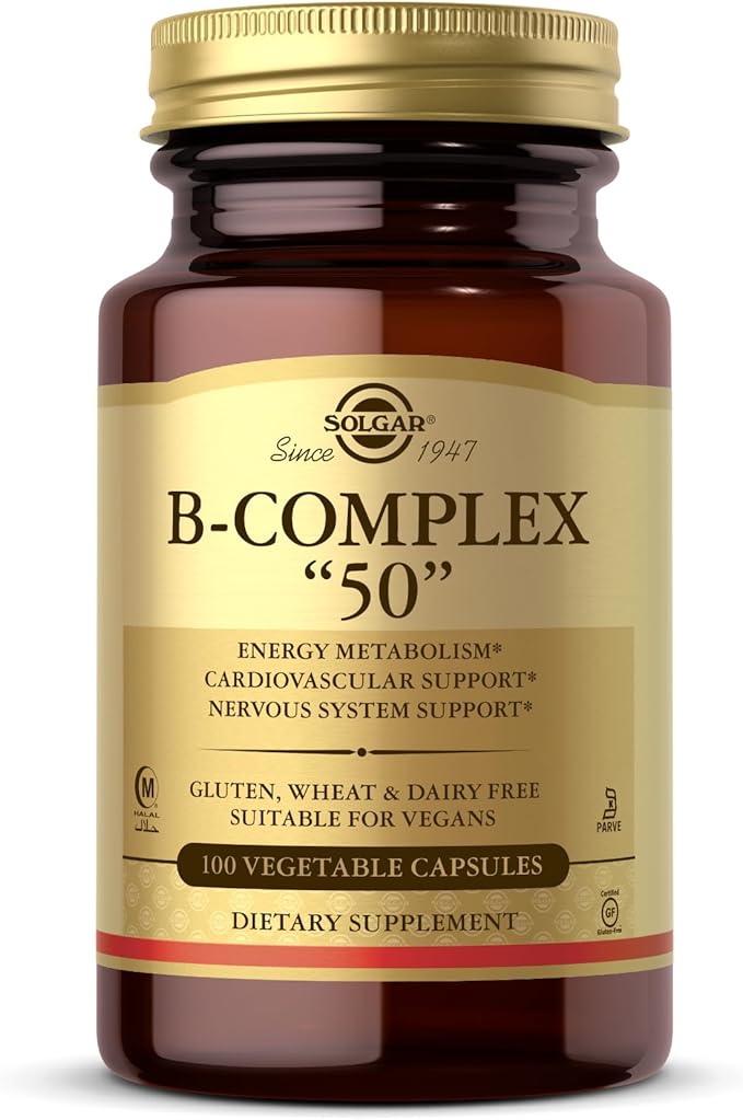 Solgar BComplex “50” Vegetable Capsules Energy Metabolism Cardiovascular Support Nervous System Support NonGMO Vegan Gluten Free Dairy Free Kosher Halal Servings, Standard Packagaing, 100 Count