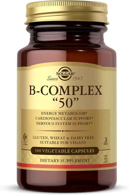 Solgar BComplex “50” Vegetable Capsules Energy Metabolism Cardiovascular Support Nervous System Support NonGMO Vegan Gluten Free Dairy Free Kosher Halal Servings, Standard Packagaing, 100 Count