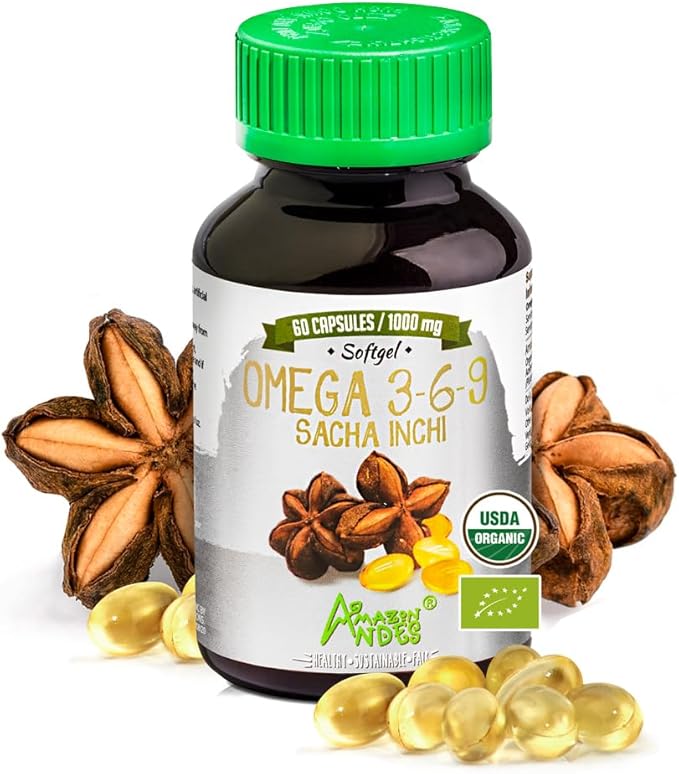 Amazon Andes Sacha Inchi Capsules (Plukenetia volubilis) - Source of Omega 3, 6, 9 with Essential Fatty Acids - Odorless & Sustainably sourced - Brain Function Supporter - 60 Softgel Pills (1000mg)
