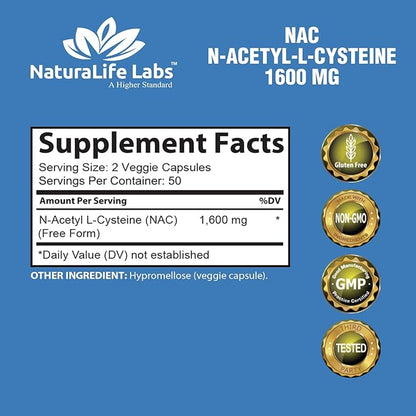 NaturaLife Labs N-Acetyl-L-Cysteine (NAC) 1600 mg Immune Support & Antioxidants*, Free-Radicals, Free Form, Exercise Performance - 100 Veggie Capsules