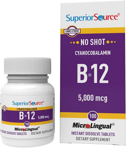 Superior Source No Shot Vitamin B-12 Cyanocobalamin 5000 mcg - Vitamin B-12 to Support Energy Production, Brain Health & Overall Wellness - Sublingual Tablets - 100 Dissolvable Tablets