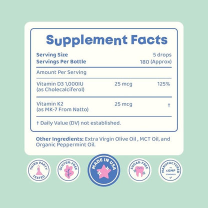 JoySpring Vitamin D3 Kids Drops with K2 – Liquid Supplement for Calcium Absorption & Joint Health – 180 Servings (1 fl oz) – Vitamin D Kids Ages 3-18