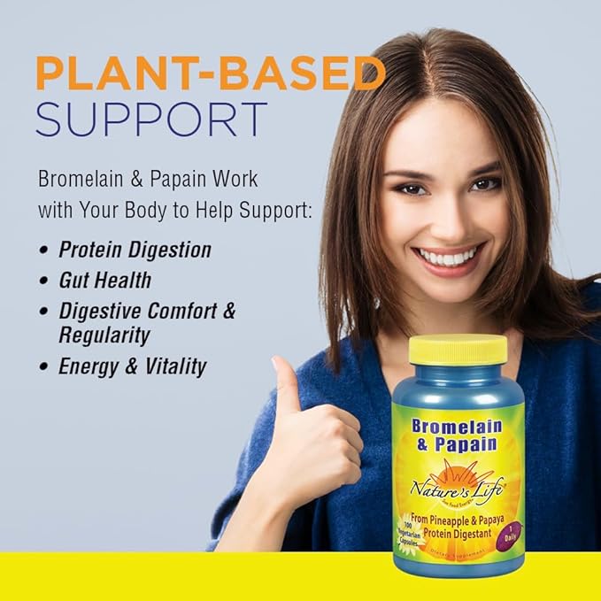 Nature's Life Bromelain & Papain | Proteolytic Enzymes for Digestive Support & Comfort | from Pineapple & Papaya | 250mg Ea | 100 Vegetarian Capsules