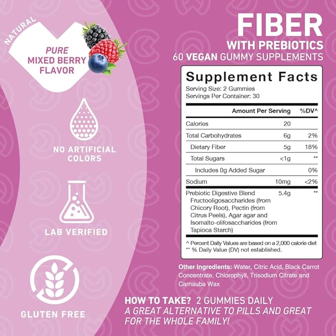 Fiber Gummies for Adults with Inulin FOS from Chicory Root, Sugar Free Prebiotic Supplement for Daily Digestion & Constipation Support – Non-GMO, Vegan, 60 Count