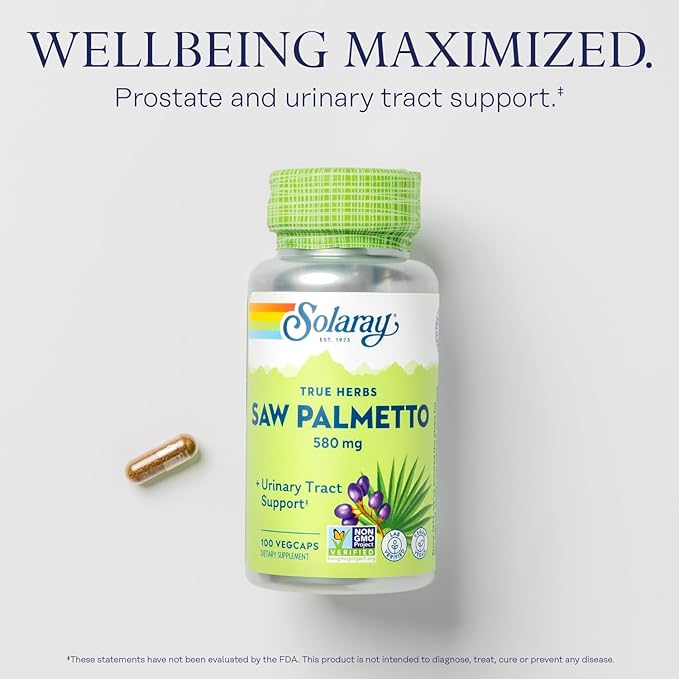 SOLARAY Saw Palmetto Berry 580 mg, Healthy Prostate and Urinary Tract Support from Fatty Acids & Plant Sterols for Men and Women, Non-GMO, Vegan & Lab Verified, 100 VegCaps, 100 Servings