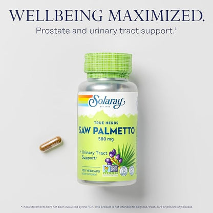 SOLARAY Saw Palmetto Berry 580 mg, Healthy Prostate and Urinary Tract Support from Fatty Acids & Plant Sterols for Men and Women, Non-GMO, Vegan & Lab Verified, 100 VegCaps, 100 Servings