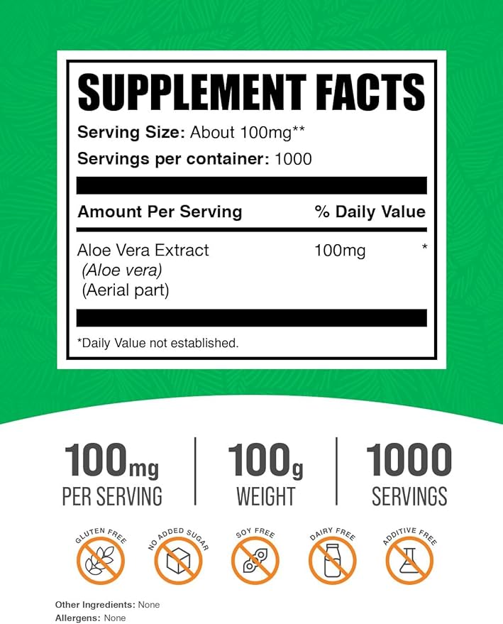 BulkSupplements.com Aloe Vera Extract Powder - Aloe Vera Supplement, Aloe Vera Powder - Herbal Supplement, Pure & Gluten Free, 100mg per Serving, 100g (3.5 oz) (Pack of 1)
