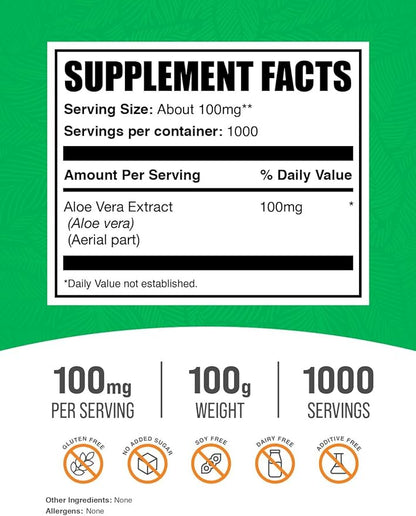 BulkSupplements.com Aloe Vera Extract Powder - Aloe Vera Supplement, Aloe Vera Powder - Herbal Supplement, Pure & Gluten Free, 100mg per Serving, 100g (3.5 oz) (Pack of 1)