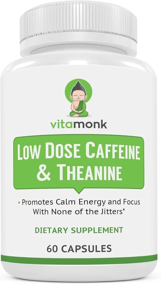 VitaMonk Low Dose Caffeine and Theanine - No Jitters, No Crash- Microdose of Caffeine L Theanine Pills with Caffeine Theanine and Theobromine - 25mg of Caffeine, Caffeine Pills L Theanine - 60 Caps