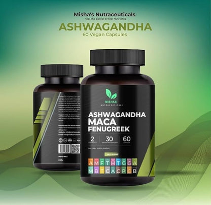 Nutraceuticals Ashwagandha, Maca Root, Fenugreek Supplement with Ginseng – Supports Stress Relief, Mood Balance & Thyroid Health – 60 Capsules
