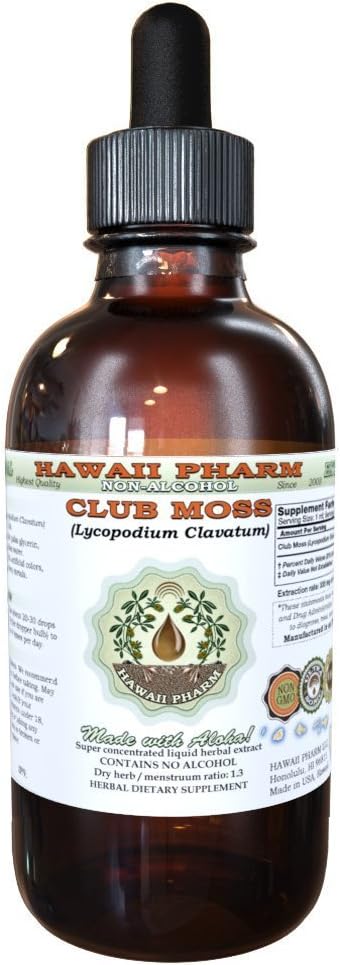 Club Moss Alcohol-Free Liquid Extract, Club Moss (Lycopodium clavatum) Dried Whole Herb Glycerite Hawaii Pharm Natural Herbal Supplement 2 oz