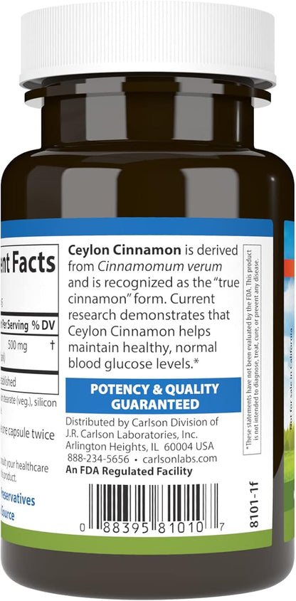 Carlson - Ceylon Cinnamon, Cinnamon Supplements, 500 mg, Cinnamon Extract Pills, Ceylon Cinnamon Capsules, 45 Capsules