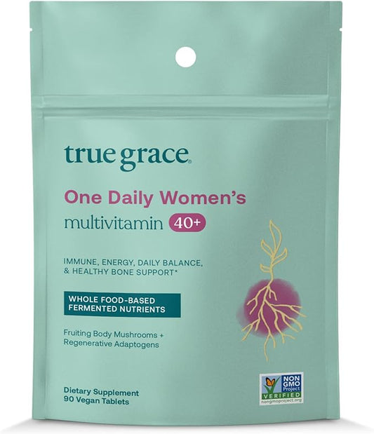 True Grace One Daily Women’s Multivitamin 40+ Fermented Minerals, Organic Adaptogens & Mushrooms Energy, Immune, Bone Support - Non-GMO - Iron, Gluten & Soy Free - 90 Vegan Tablets