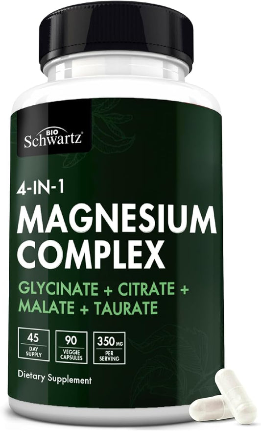 Magnesium Complex Supplement - Extra Strength 350mg High Absorption Magnesium Glycinate Citrate Malate and Taurate to Support Heart Health Sleep Nerves Muscles - Non GMO, Vegan Safe, 90 Capsules