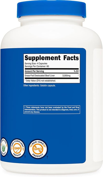 Nutricost Grass Fed Desiccated Beef Liver Capsules 3000mg Per Serv (750mg Per Cap), 240 Cap for 60 Servings - No Hormones, GMO and Gluten Free, Pasture-Raised, Free Range Beef