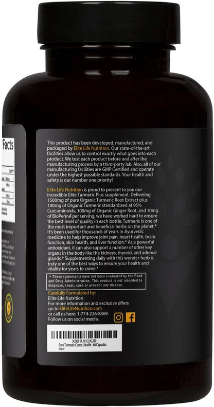 Elite Turmeric Plus - 1700mg Organic Turmeric, Organic Curcumin and Organic Ginger with Bioperine for Maximum Absorption and Strength - 60 Capsules