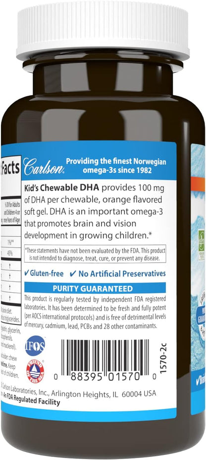 Carlson - Kid's Chewable DHA, 100 mg DHA, Brain & Vision Function, Growth & Development, Orange, 60 Chewable Softgels