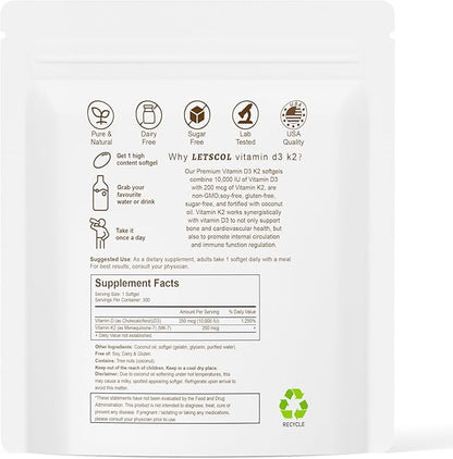 2-in-1 Vitamin D3 K2 Supplement Softgel, Vitamin D3 10000 IU and Vitamin K2 200 mcg, K2 MK7 with D3 Vitamin Supplement Support Immune, Heart, Joint, Teeth & Bone Health