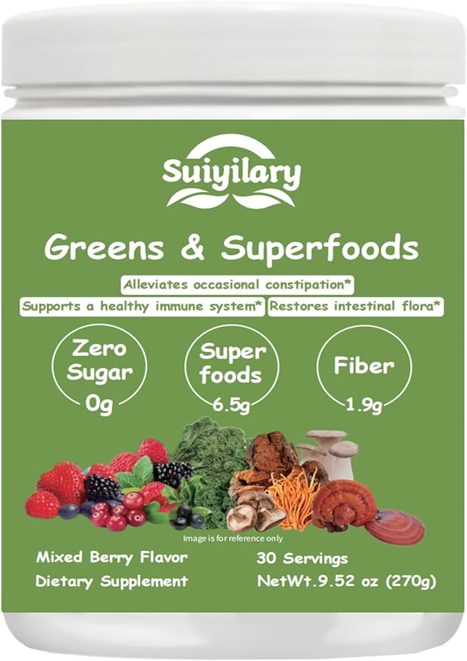 Super Greens Powder, 50+ Superfoods Blend, No Sugar, Fiber, Fruits, Vegetables, Spirulina, Chlorella, Mushrooms, Antioxidants, Prebiotics & Probiotics, Digestive Enzymes (9.52 OZ, Mixd Berry)