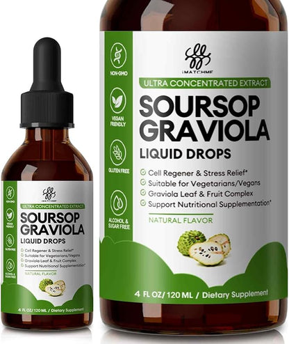 Soursop Graviola Liquid Drop for Cell Support & Regeneration, Immune System and Gut Health Support, Soursop Bitters Liquid, Herbal Goodness, Sugar/Gluten Free, Natural Flavor, 4 Fl Oz
