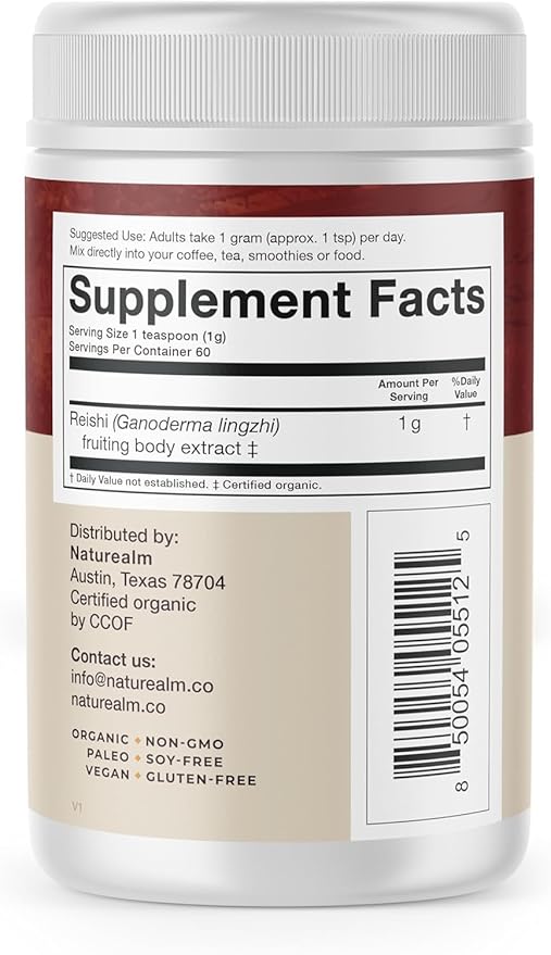 Naturealm Reishi Mushroom Powder Supplement - Organic Reishi Mushroom Extract Powder for Wellness & Cognitive Support - 60-Day Supply with Red Reishi Mushrooms