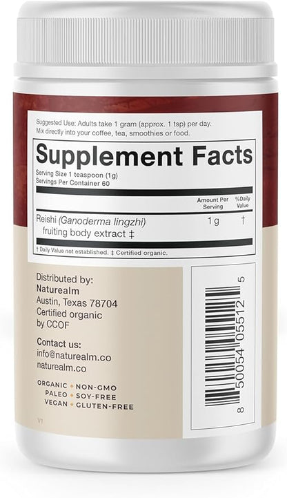 Naturealm Reishi Mushroom Powder Supplement - Organic Reishi Mushroom Extract Powder for Wellness & Cognitive Support - 60-Day Supply with Red Reishi Mushrooms