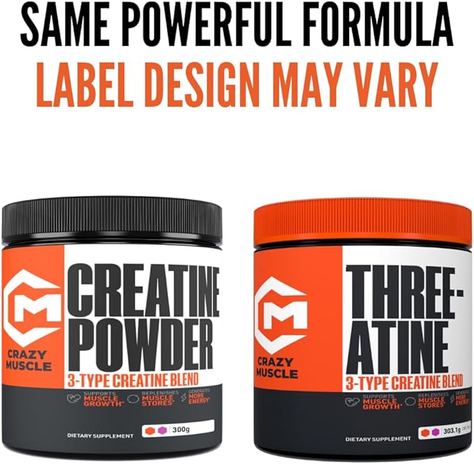 Crazy Muscle Creatine Monohydrate Powder, 5000mg Premium 3X ThreeAtine Pre Workout Mass Gainer, High Absorption Easy to Take Powder Optimum Performance for Men & Women, 60 Servings