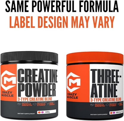 Crazy Muscle Creatine Monohydrate Powder, 5000mg Premium 3X ThreeAtine Pre Workout Mass Gainer, High Absorption Easy to Take Powder Optimum Performance for Men & Women, 60 Servings