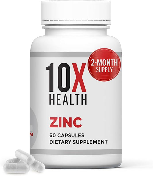 10X Health Zinc Supplements - Contains Zinc 30mg for DNA & Protein Synthesis, Overall Wellness & Immune Support Supplement - Highly Absorbable Vitamins (60 Capsules)