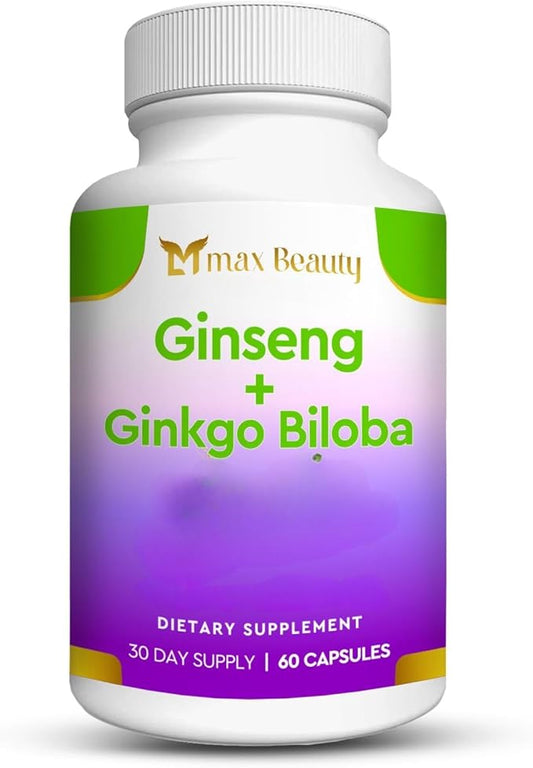 Premium Ginseng & Ginkgo Biloba Supplement - 700mg Ginseng Extract Powder + 600mg Ginkgo Leaf + 120mg Ginkgo Extract - Natural Energy, Focus & Memory Support - Vegan, Non-GMO, Gluten-Free 60 Capsules