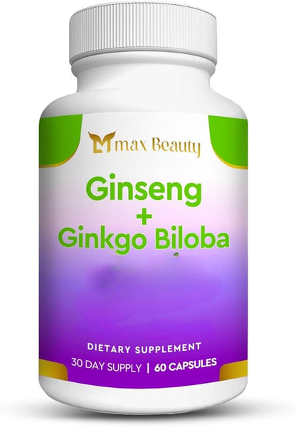Premium Ginseng & Ginkgo Biloba Supplement - 700mg Ginseng Extract Powder + 600mg Ginkgo Leaf + 120mg Ginkgo Extract - Natural Energy, Focus & Memory Support - Vegan, Non-GMO, Gluten-Free 60 Capsules
