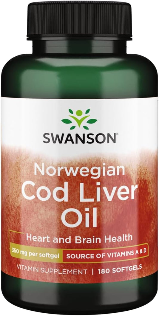 Swanson Cod Liver Oil - Wellness Supplement Promoting Bone, Skin Health, Vision Support & Immune System Function w/High Absorption Vitamin A - (180 Softgels, 350mg Each)