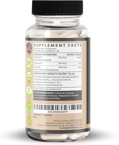 TruHeight Growth Capsules - Natural Growth & Development Supplement for Kids & Teens - Endorsed by Pediatricians - Vitamin D, K, Calcium & Ashwaganda - Bone Strength Capsules - Kids Vitamins - Ages 5+