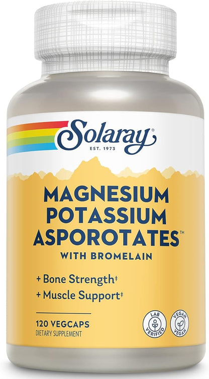 Solaray Magnesium and Potassium Asporotates with Bromelain, Magnesium Potassium Supplement for Bone Strength and Muscle Support, Vegan Magnesium Potassium Supplements, 60 Servings, 120 VegCaps