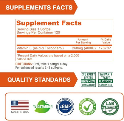 Lovita Vitamin E 400 IU Softgels, Natural 268 mg (as D Alpha Tocopherol), Vegan Vitamin E for Healthy Skin, Hair, Nails & Immune System Support, 120 Vegetarian Softgels (Pack of 3)